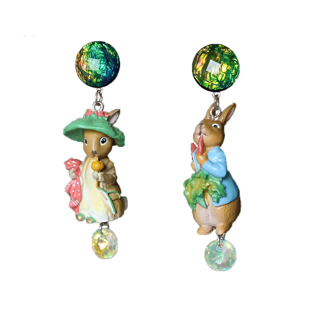 Peter Rabbit Asymmetric Earrings, Cute and Sweet Forest Green Cartoons, Exquisite Fairy Tale Garden Style