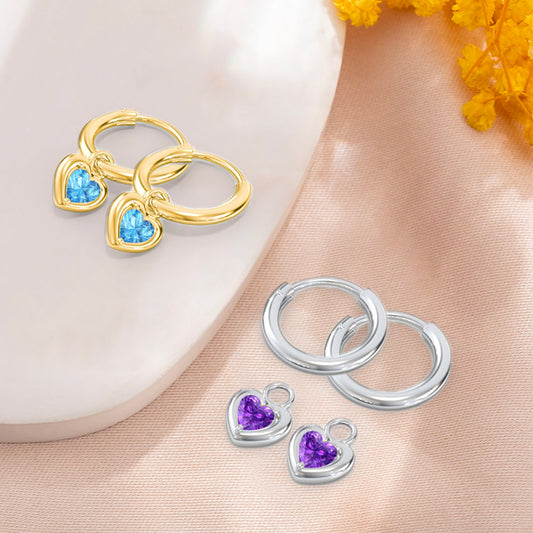 Personalized Heart Birthstone Earrings, Dainty Sterling Silver Birthstone Hoop Earrings, Birthday/Valentine's Day/Mother's Day Gifts for Women/Her