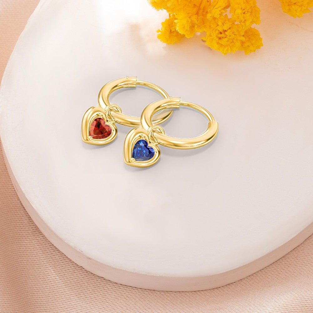 Personalized Heart Birthstone Earrings, Dainty Sterling Silver Birthstone Hoop Earrings, Birthday/Valentine's Day/Mother's Day Gifts for Women/Her