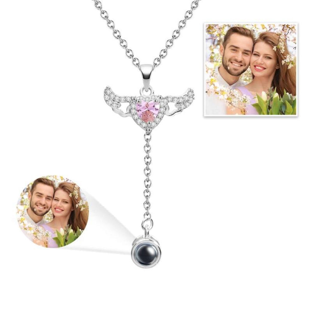 Personalized Projection Heart Necklace with Angel Wings, Custom Photo Pendant, Romantic Gift for Women, Tassel Clavicle Chain Jewelry