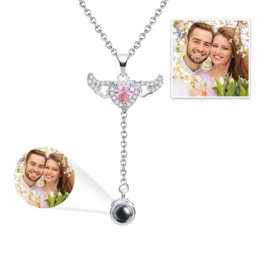 Personalized Projection Heart Necklace with Angel Wings, Custom Photo Pendant, Romantic Gift for Women, Tassel Clavicle Chain Jewelry