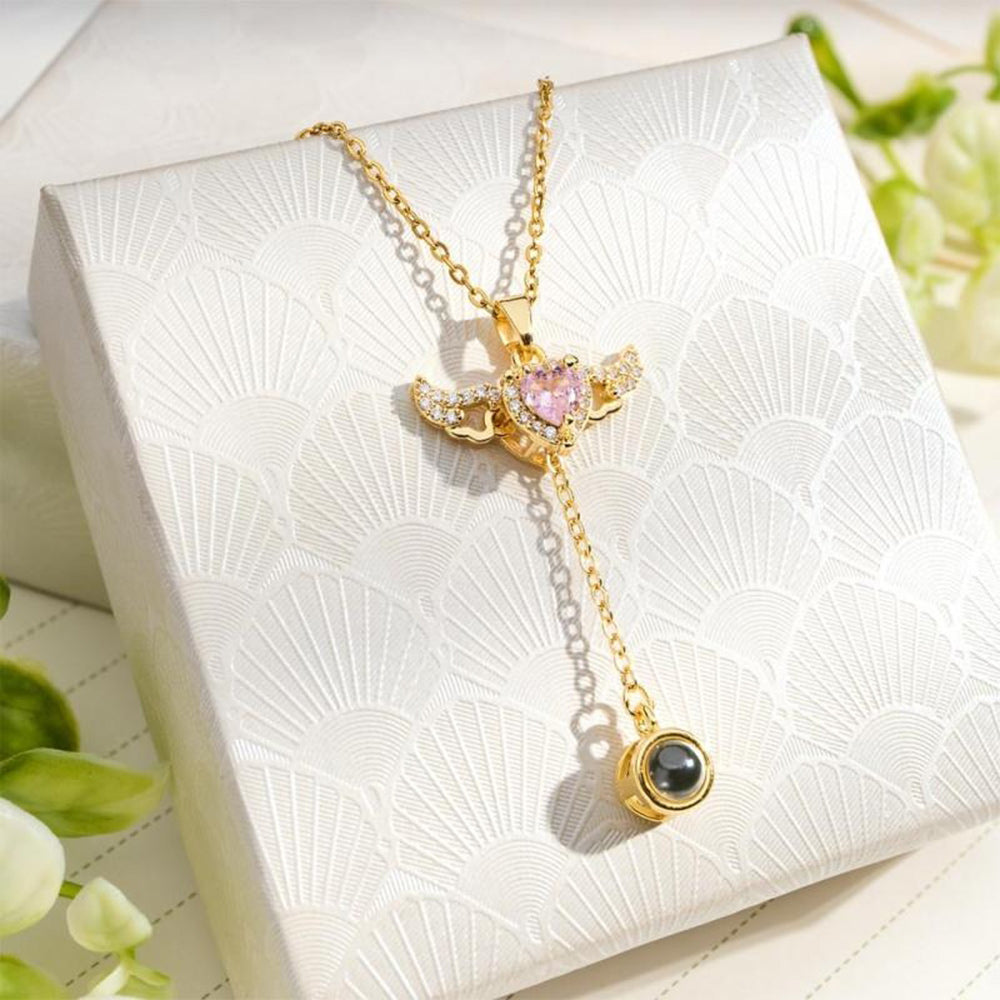 Personalized Projection Heart Necklace with Angel Wings, Custom Photo Pendant, Romantic Gift for Women, Tassel Clavicle Chain Jewelry