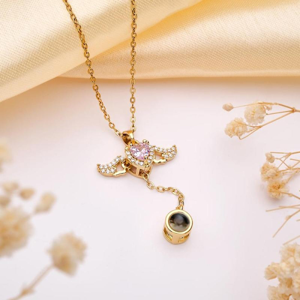 Personalized Projection Heart Necklace with Angel Wings, Custom Photo Pendant, Romantic Gift for Women, Tassel Clavicle Chain Jewelry