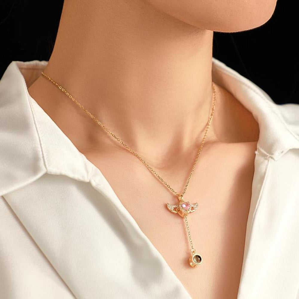 Personalized Projection Heart Necklace with Angel Wings, Custom Photo Pendant, Romantic Gift for Women, Tassel Clavicle Chain Jewelry