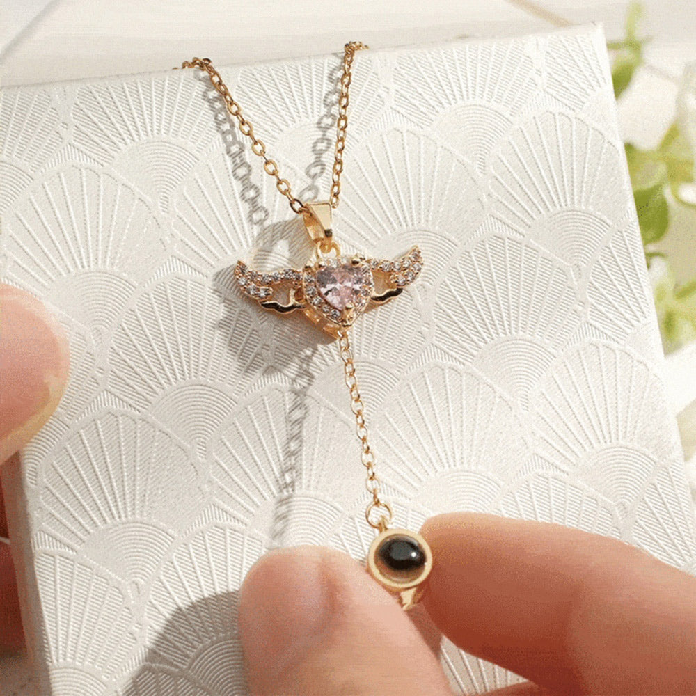 Personalized Projection Heart Necklace with Angel Wings, Custom Photo Pendant, Romantic Gift for Women, Tassel Clavicle Chain Jewelry