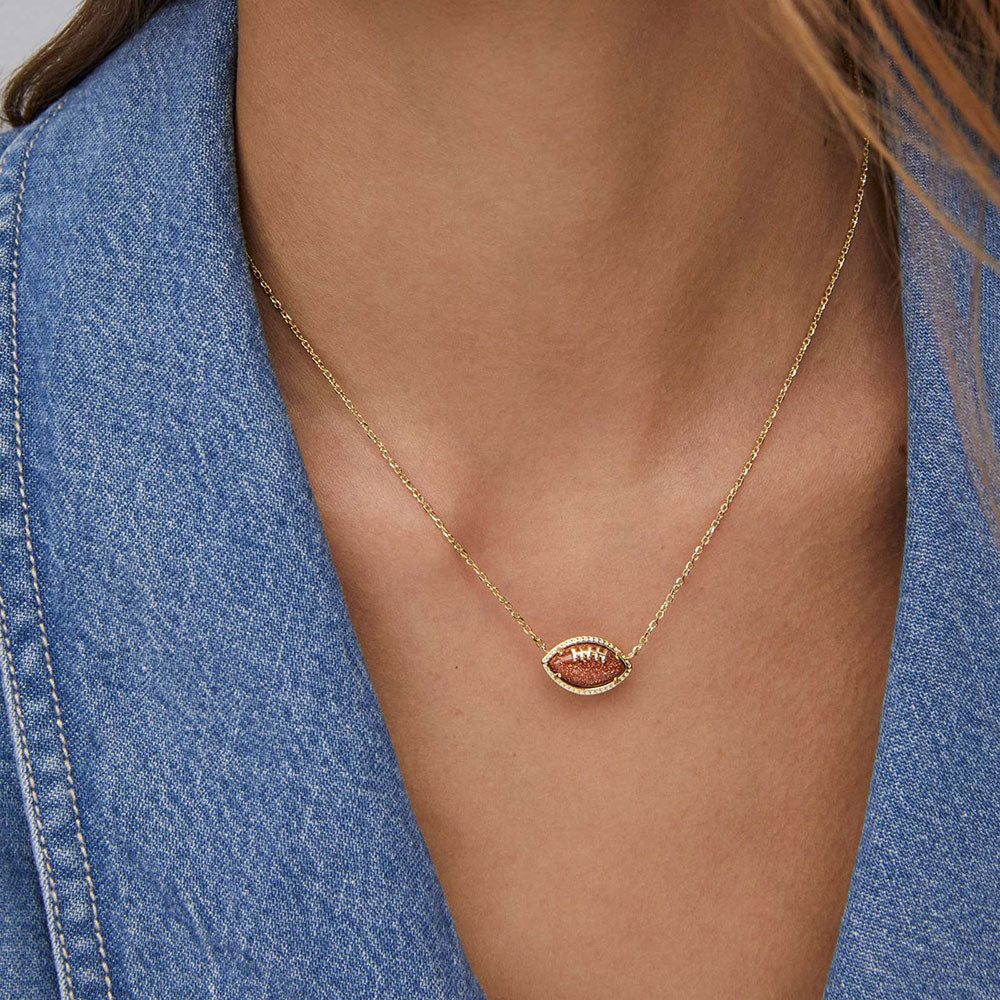 Sparkling Orange Goldstone Football Pendant Necklace, Perfect Gift for Sports Lovers