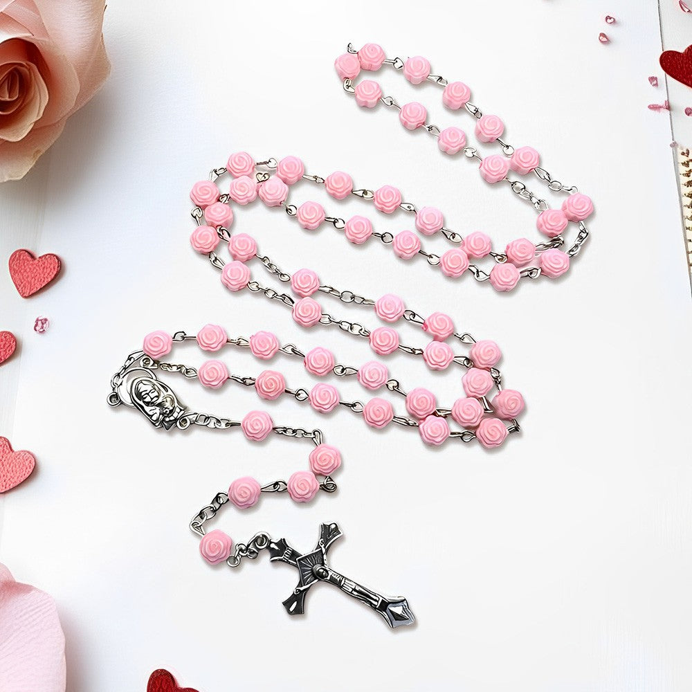 Pink Rosebud Rosary Necklace, Catholic Handmade Cross Necklace with Flannel Bag, Memorial Gift for Women