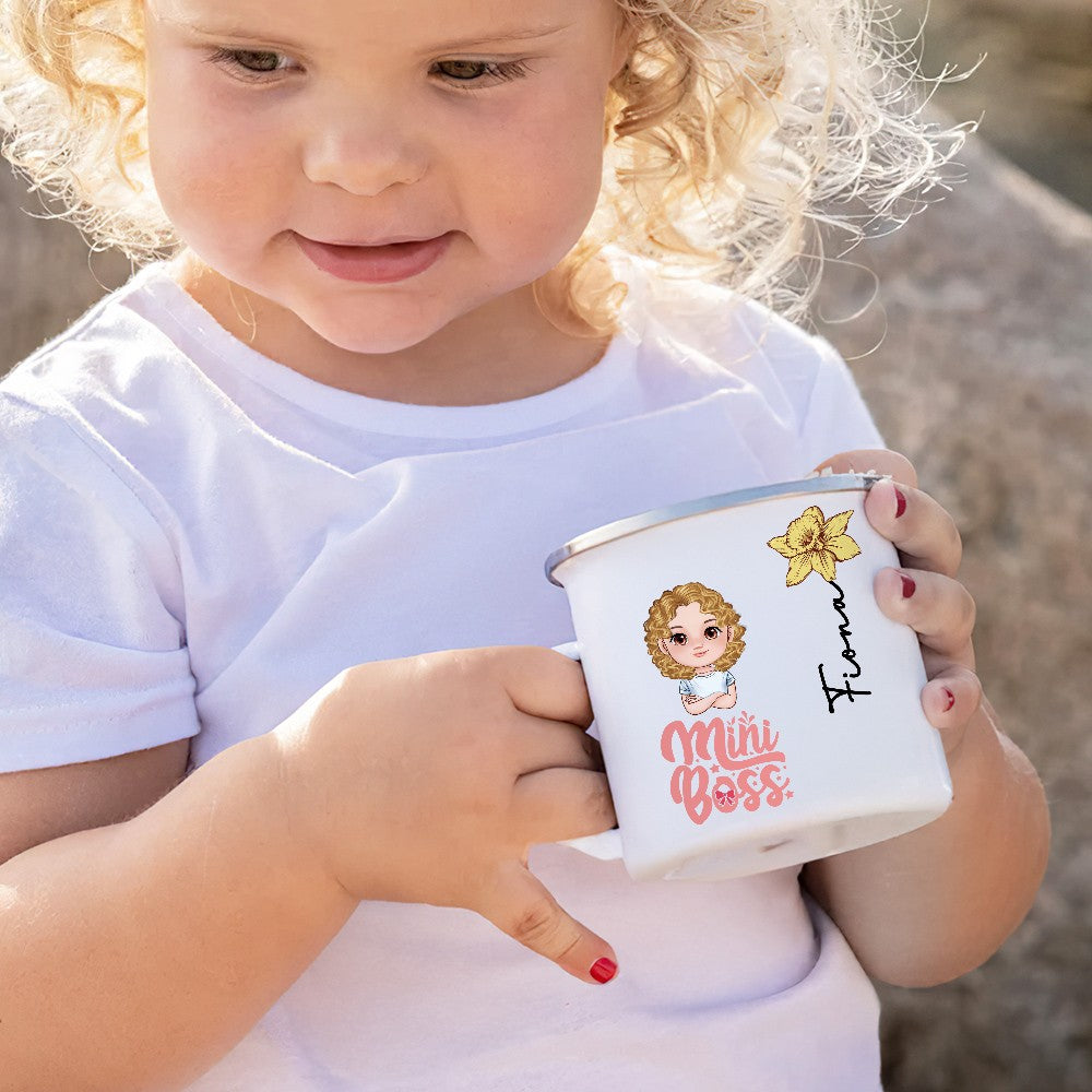 Personalized Mini Boss Cartoon Character Enamel Mug, Custom Name & Birth Flower 12oz Kid Cup, Back to School/Birthday Gift for Kids