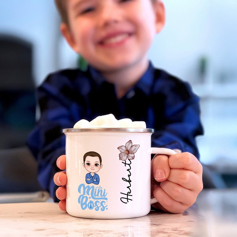 Personalized Mini Boss Cartoon Character Enamel Mug, Custom Name & Birth Flower 12oz Kid Cup, Back to School/Birthday Gift for Kids