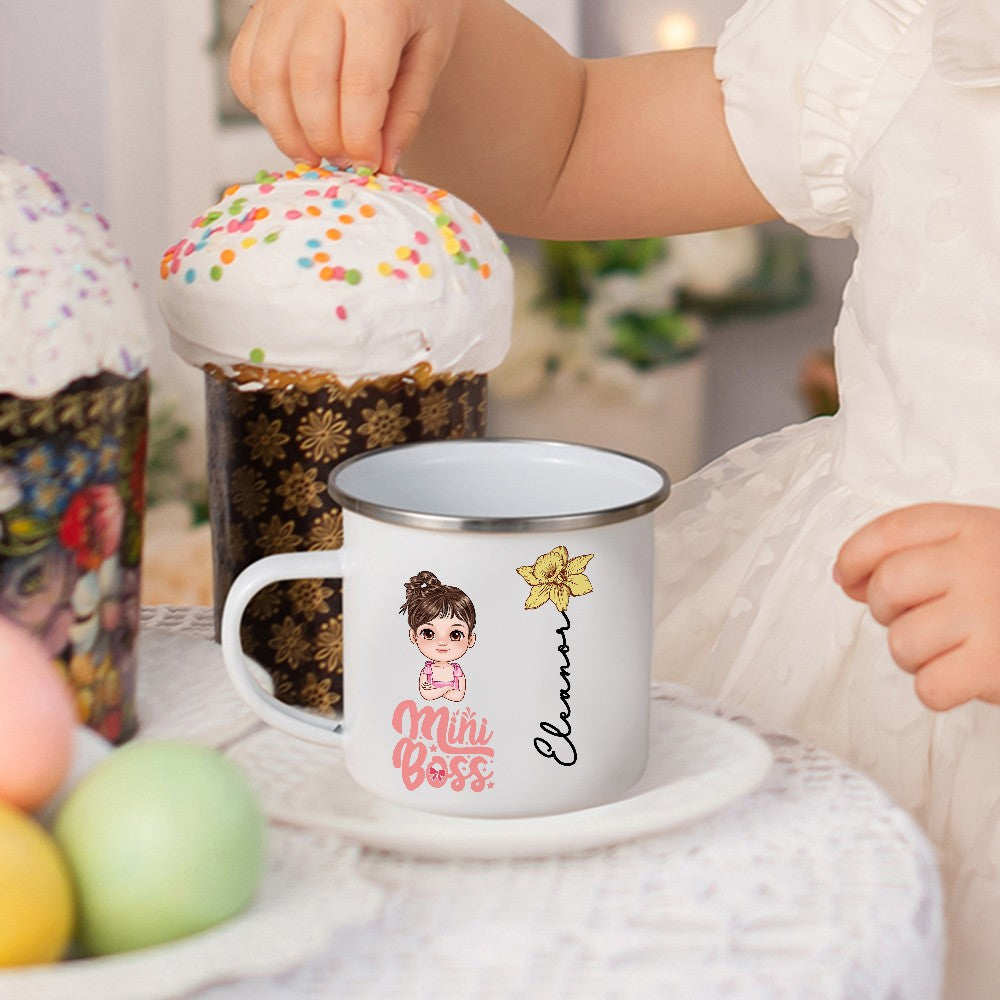 Personalized Mini Boss Cartoon Character Enamel Mug, Custom Name & Birth Flower 12oz Kid Cup, Back to School/Birthday Gift for Kids