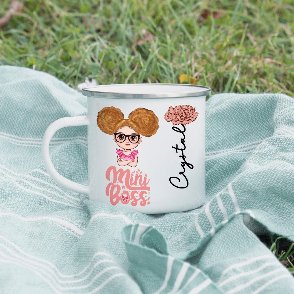 Personalized Mini Boss Cartoon Character Enamel Mug, Custom Name & Birth Flower 12oz Kid Cup, Back to School/Birthday Gift for Kids