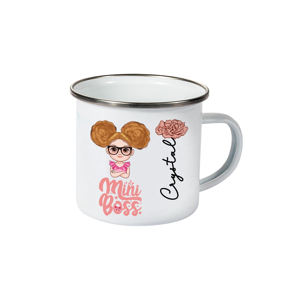 Personalized Mini Boss Cartoon Character Enamel Mug, Custom Name & Birth Flower 12oz Kid Cup, Back to School/Birthday Gift for Kids