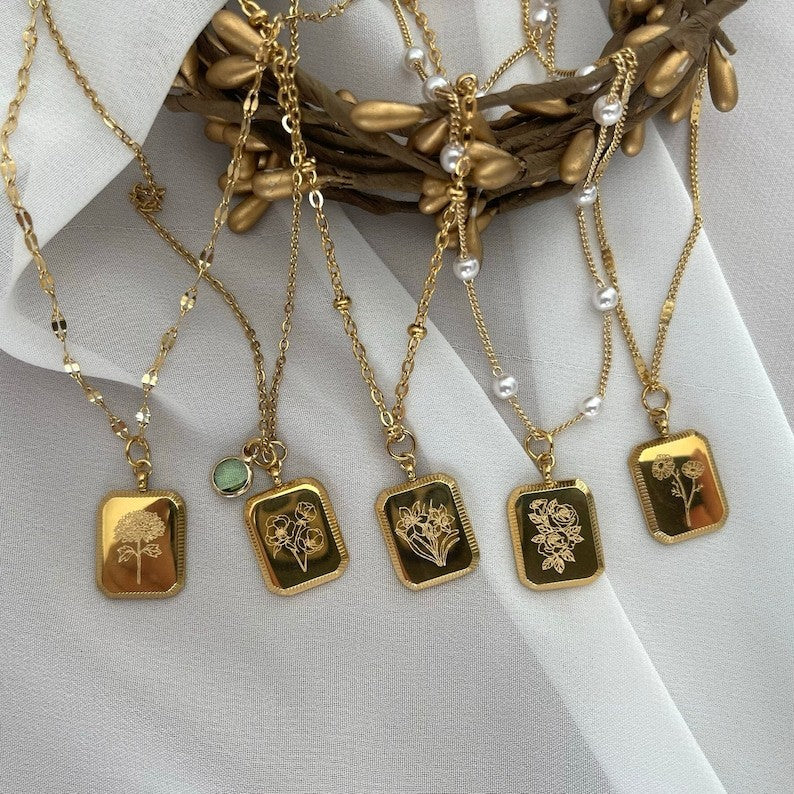 18K GOLD Birth Month Flower Necklace Birth Flower Square Zodiac Lotus Floral Pendant WATERPROOF Jewelry Birthday Gift for Her