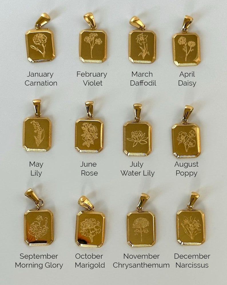 18K GOLD Birth Month Flower Necklace Birth Flower Square Zodiac Lotus Floral Pendant WATERPROOF Jewelry Birthday Gift for Her