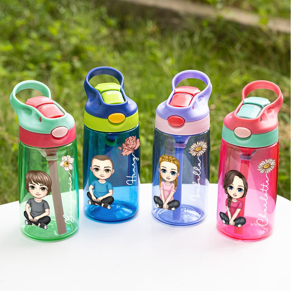 Personalized Cartoon Character Water Bottle with Birth Flower & Name, 16oz Kid Cup with Silicone Straw & Handle, Back to School/Birthday Gift for Kids