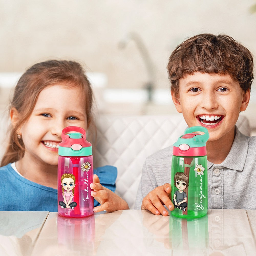 Personalized Cartoon Character Water Bottle with Birth Flower & Name, 16oz Kid Cup with Silicone Straw & Handle, Back to School/Birthday Gift for Kids