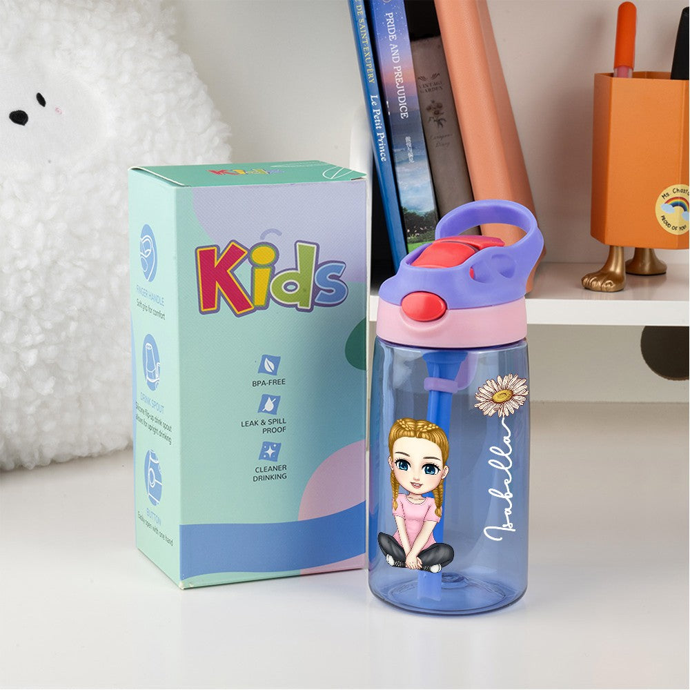 Personalized Cartoon Character Water Bottle with Birth Flower & Name, 16oz Kid Cup with Silicone Straw & Handle, Back to School/Birthday Gift for Kids