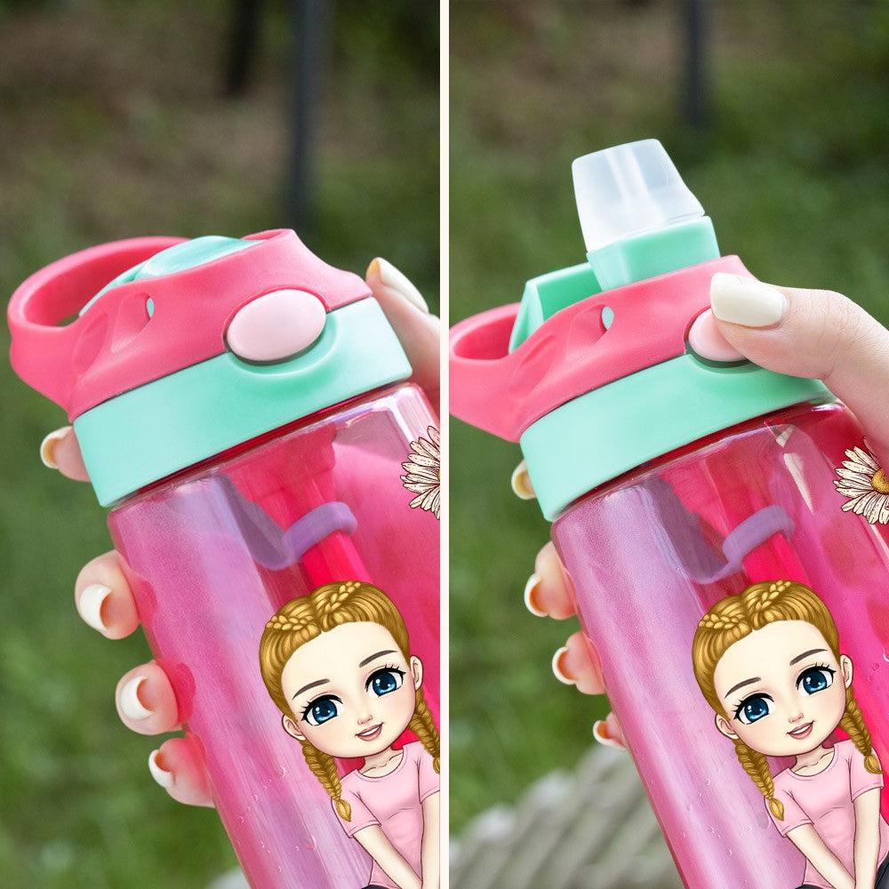 Personalized Cartoon Character Water Bottle with Birth Flower & Name, 16oz Kid Cup with Silicone Straw & Handle, Back to School/Birthday Gift for Kids
