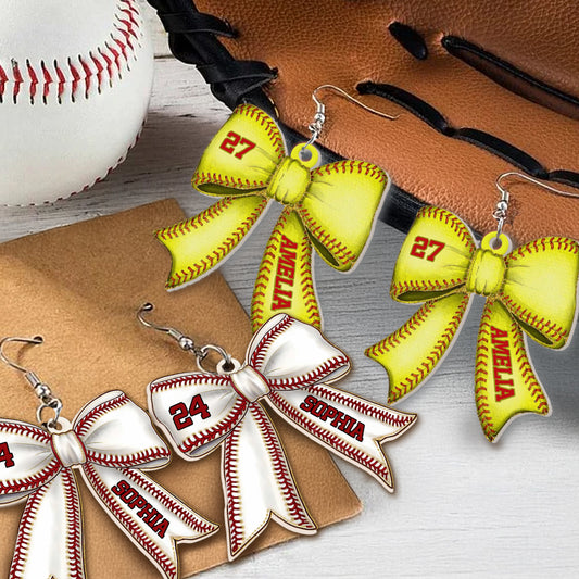 Personalized Name and Number Sports Ball Bow Earrings, Custom Acrylic Sports Jewelry, Birthday/Appreciation Gift for Sports Players/Coaches/Teammates