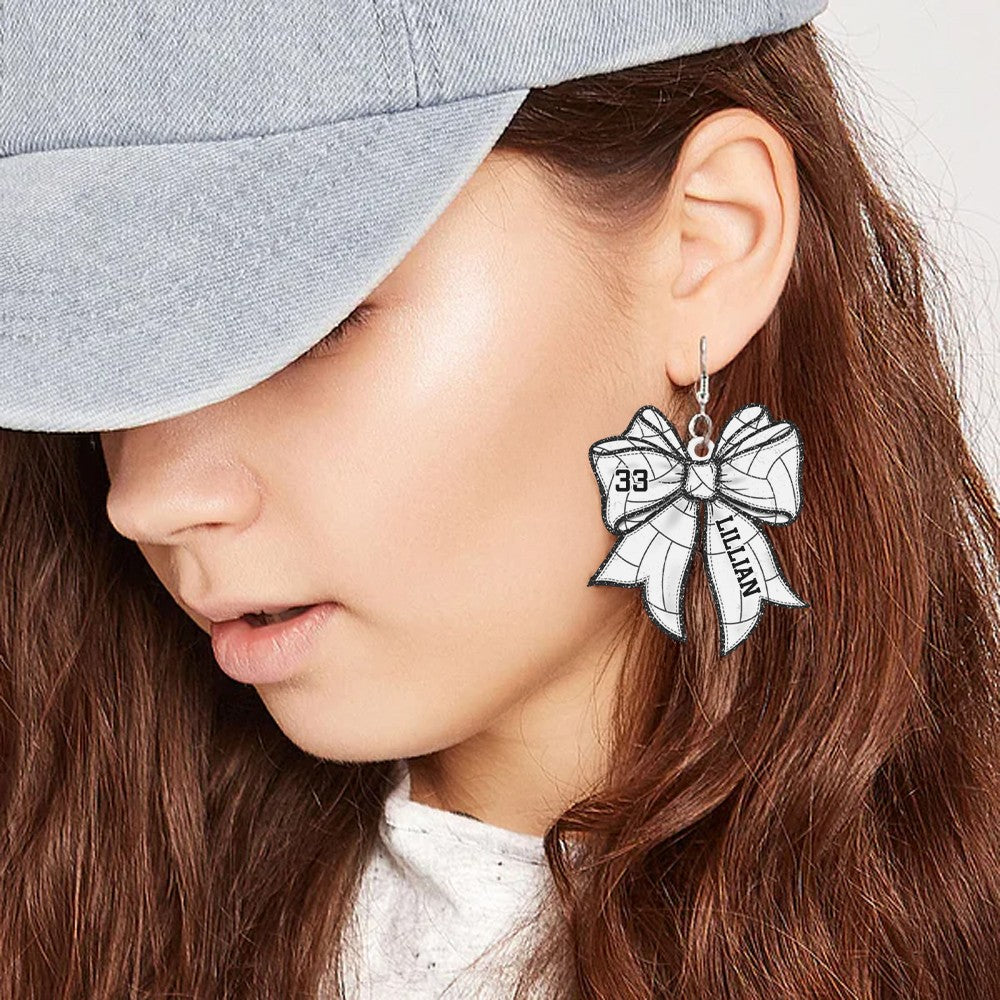 Personalized Name and Number Sports Ball Bow Earrings, Custom Acrylic Sports Jewelry, Birthday/Appreciation Gift for Sports Players/Coaches/Teammates