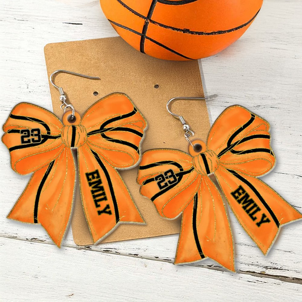Personalized Name and Number Sports Ball Bow Earrings, Custom Acrylic Sports Jewelry, Birthday/Appreciation Gift for Sports Players/Coaches/Teammates