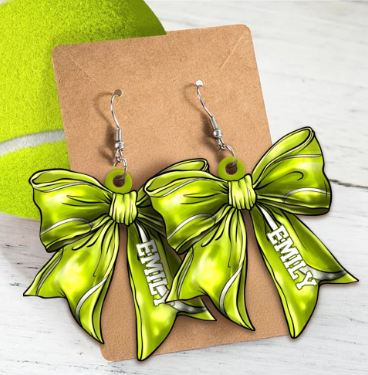 Personalized Name and Number Sports Ball Bow Earrings, Custom Acrylic Sports Jewelry, Birthday/Appreciation Gift for Sports Players/Coaches/Teammates