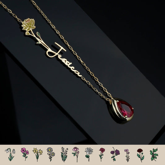 Personalized Birth Flower & Birthstone Necklace with Name, Women's Jewelry, Birthday/Mother's Day/Valentine's Day Gift, Gift for Mom/Daughter/Her