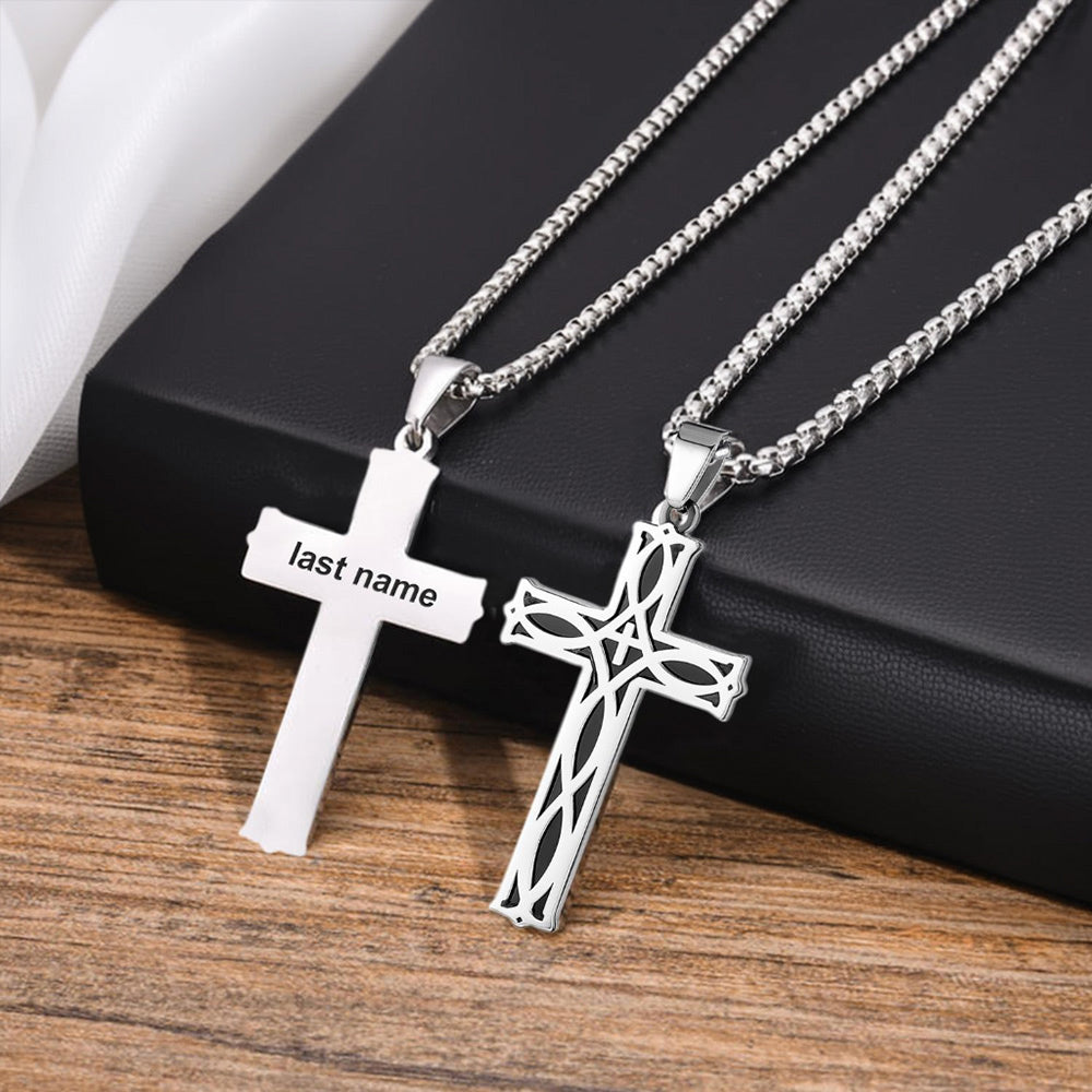 Custom Family Name Cross Necklace for Men – Personalized Christian Pendant, Unique Gift for Dad, Husband or Son