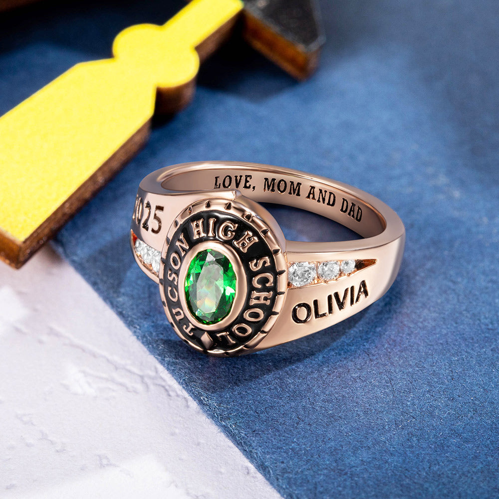 Custom Woman Birthstone School Class Ring with Engraved Text, High School University Graduation Ring, Graduation Gift for Class of 2025 Graduates