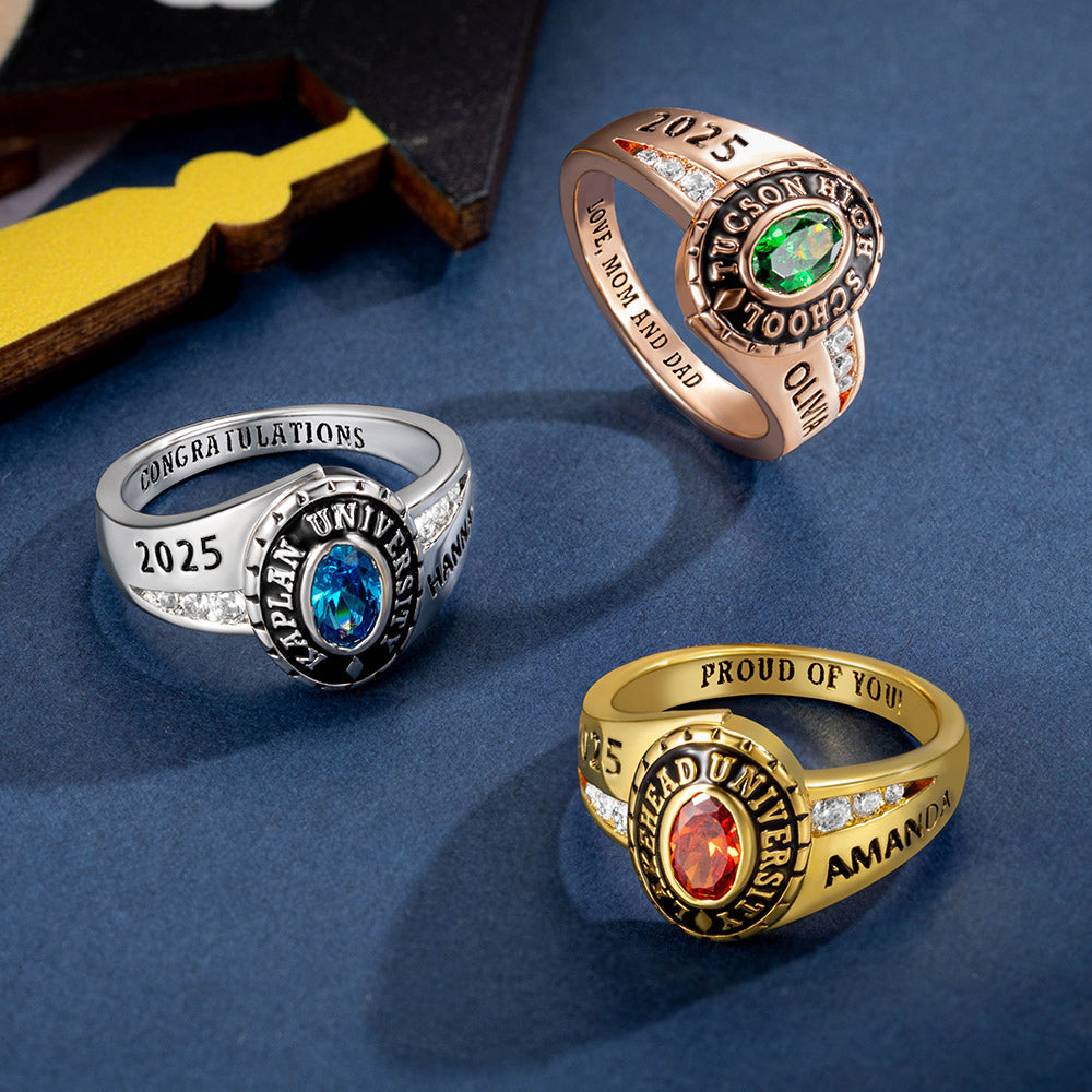 Custom Woman Birthstone School Class Ring with Engraved Text, High School University Graduation Ring, Graduation Gift for Class of 2025 Graduates