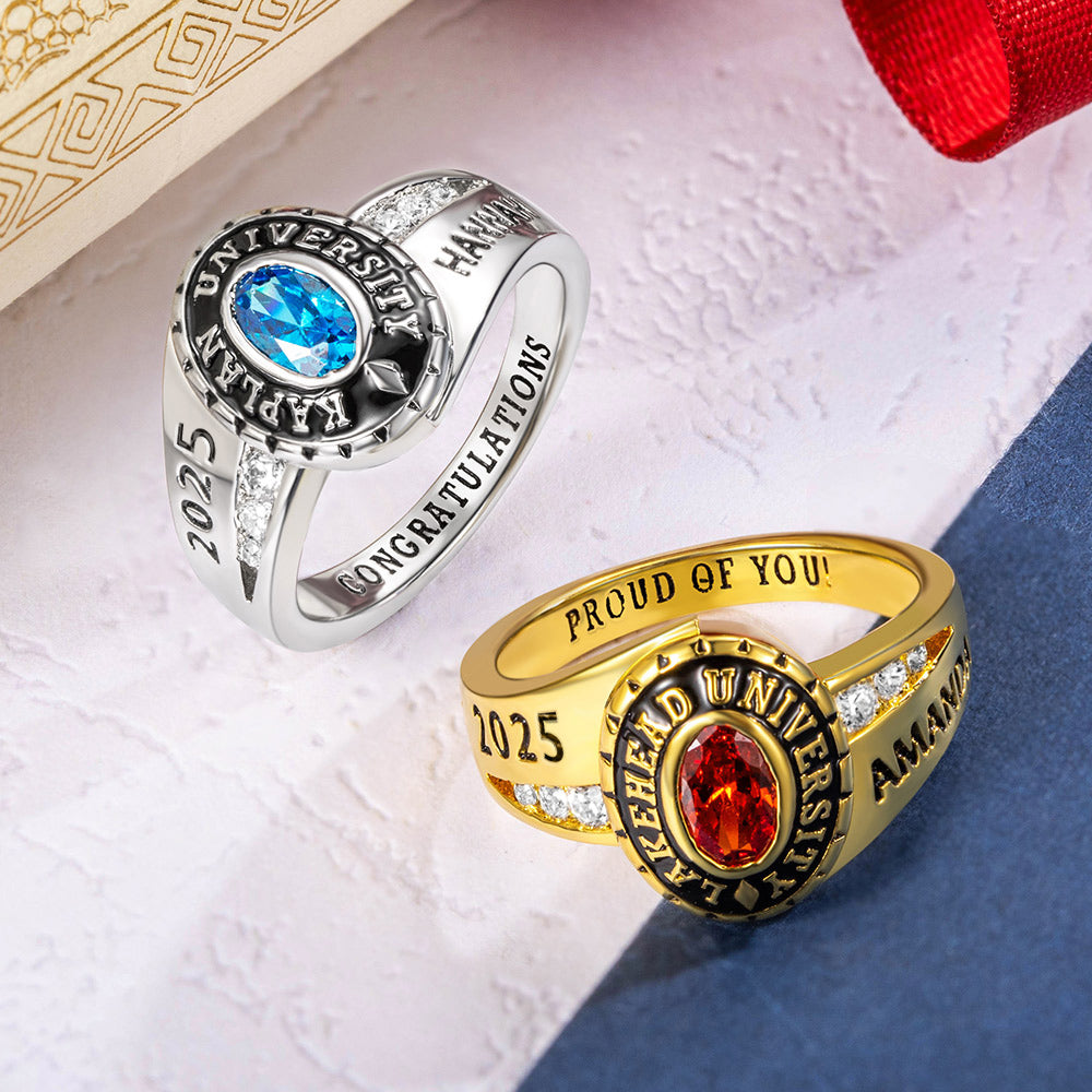 Custom Woman Birthstone School Class Ring with Engraved Text, High School University Graduation Ring, Graduation Gift for Class of 2025 Graduates