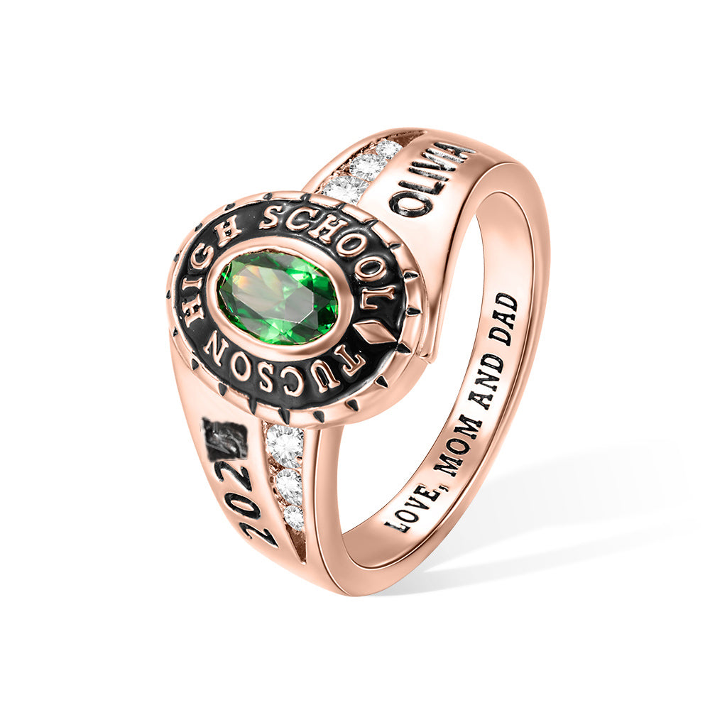 Custom Woman Birthstone School Class Ring with Engraved Text, High School University Graduation Ring, Graduation Gift for Class of 2025 Graduates
