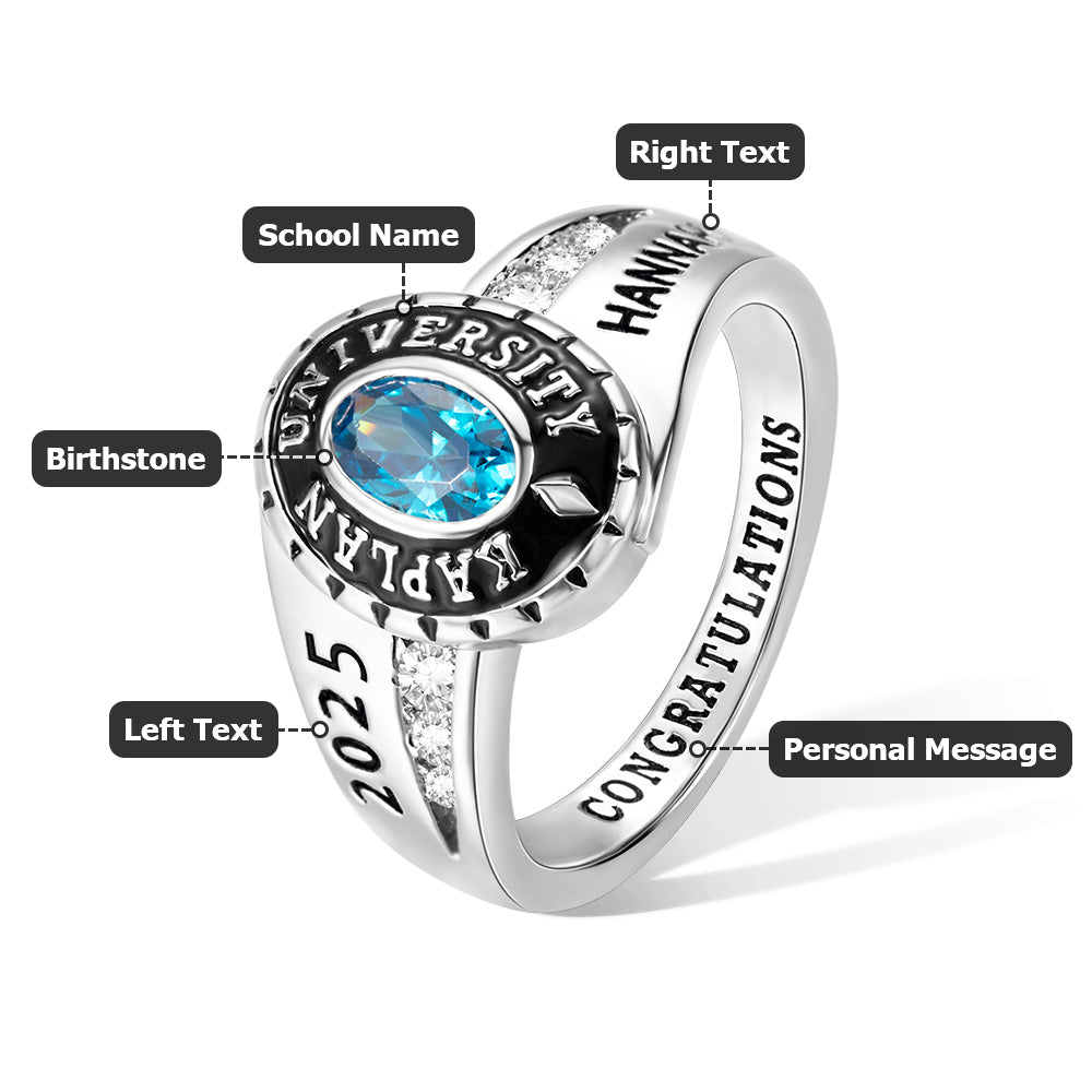 Custom Woman Birthstone School Class Ring with Engraved Text, High School University Graduation Ring, Graduation Gift for Class of 2025 Graduates