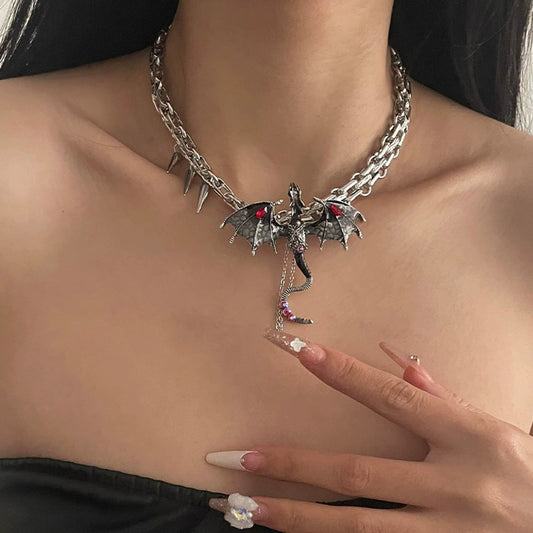 Gothic Dragon Pendant Necklace – Punk Chain Choker with Red Gem Wings & Spikes, Fantasy Jewelry for Women