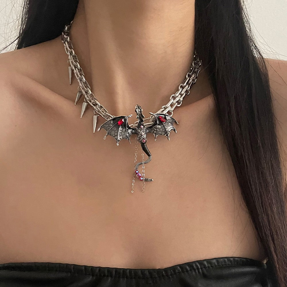 Gothic Dragon Pendant Necklace – Punk Chain Choker with Red Gem Wings & Spikes, Fantasy Jewelry for Women