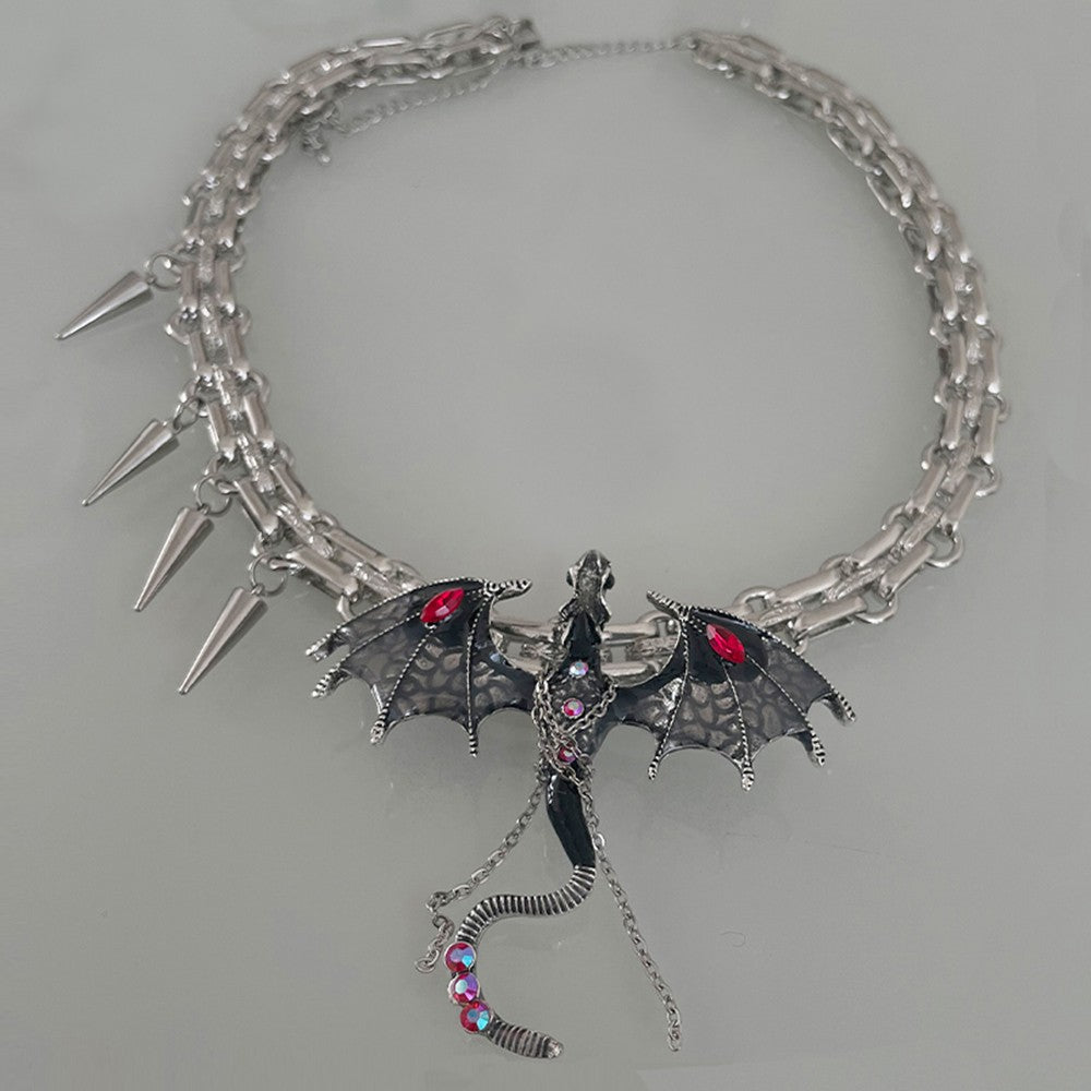Gothic Dragon Pendant Necklace – Punk Chain Choker with Red Gem Wings & Spikes, Fantasy Jewelry for Women