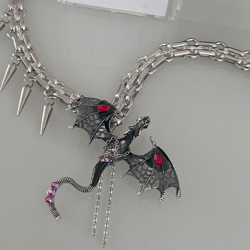 Gothic Dragon Pendant Necklace – Punk Chain Choker with Red Gem Wings & Spikes, Fantasy Jewelry for Women