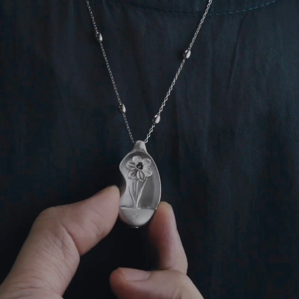 Interchangeable Flower Pendant Necklace – 925 Sterling Silver Stone Heart Seed with Tulip, Iris, or Lily of the Valley Options, Unique Botanical Jewelry