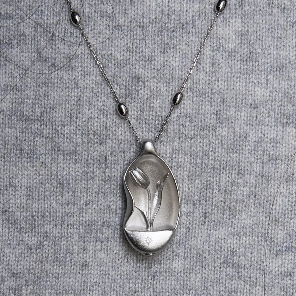 Interchangeable Flower Pendant Necklace – 925 Sterling Silver Stone Heart Seed with Tulip, Iris, or Lily of the Valley Options, Unique Botanical Jewelry