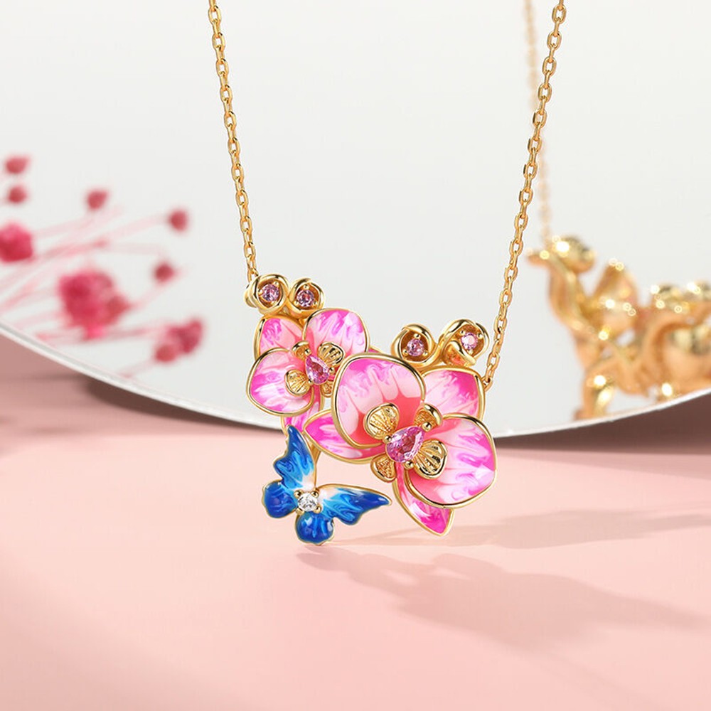 Butterfly Loves Flower Jewelry Set – Phalaenopsis Orchid Enamel Sterling Silver Ring, Necklace & Earrings for Women, Nature-Inspired Gift