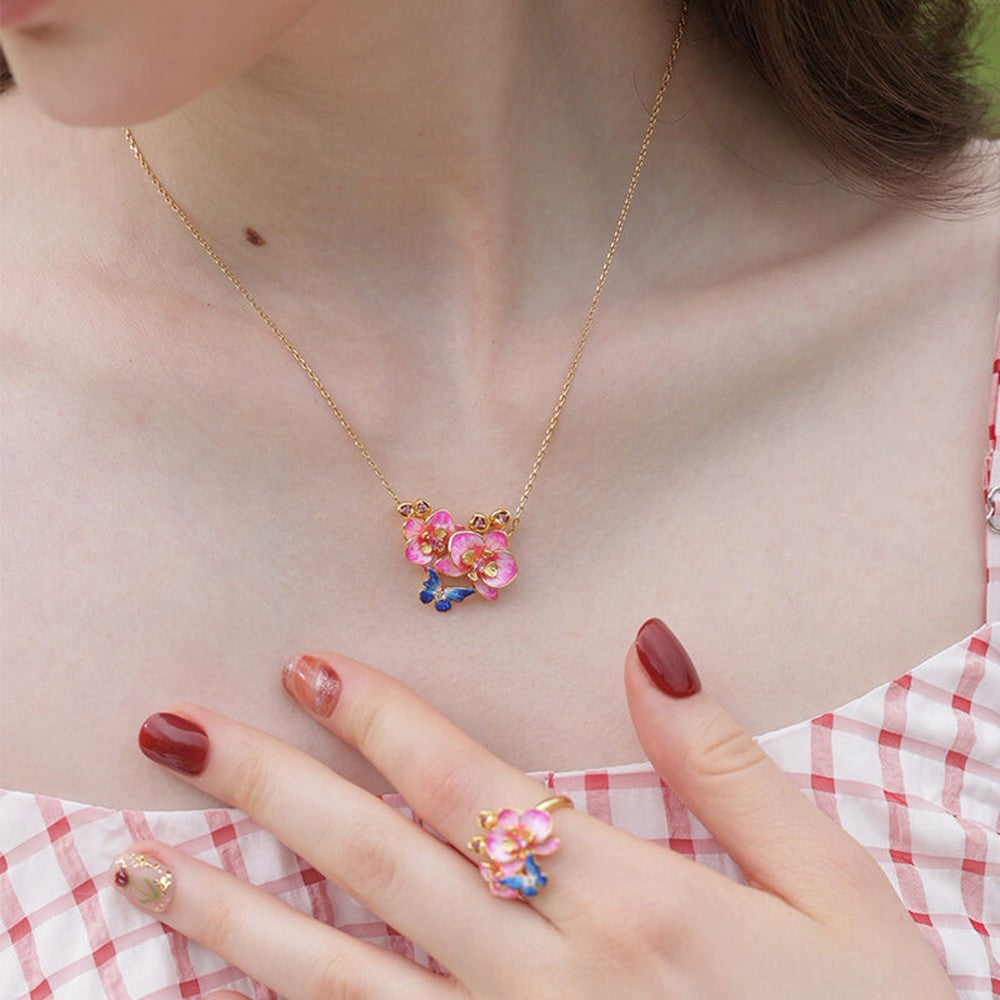 Butterfly Loves Flower Jewelry Set – Phalaenopsis Orchid Enamel Sterling Silver Ring, Necklace & Earrings for Women, Nature-Inspired Gift