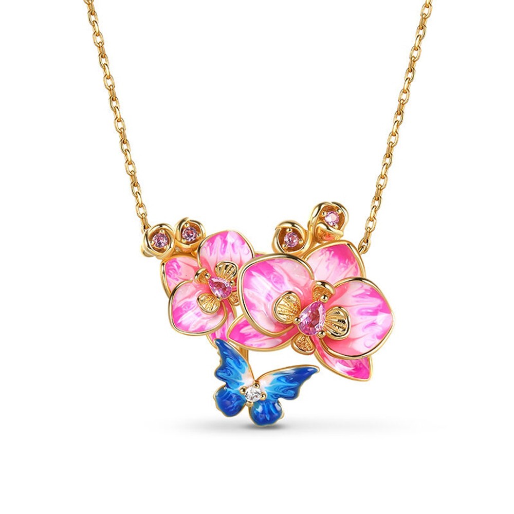 Butterfly Loves Flower Jewelry Set – Phalaenopsis Orchid Enamel Sterling Silver Ring, Necklace & Earrings for Women, Nature-Inspired Gift