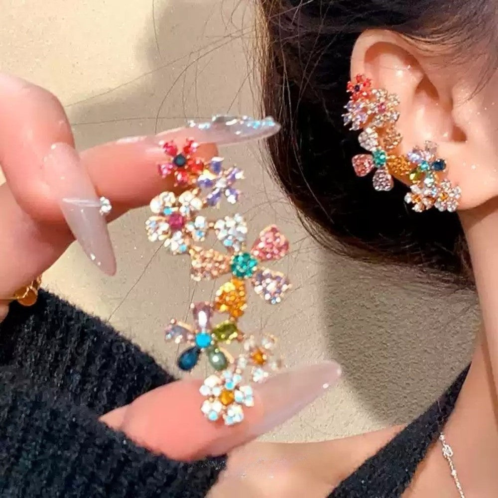 Colorful Crystal Flower Ear Cuff – Non-Pierced Cartilage Earrings, No Piercing Silver or Gold Ear Jewelry, Spiritual Gift for Her