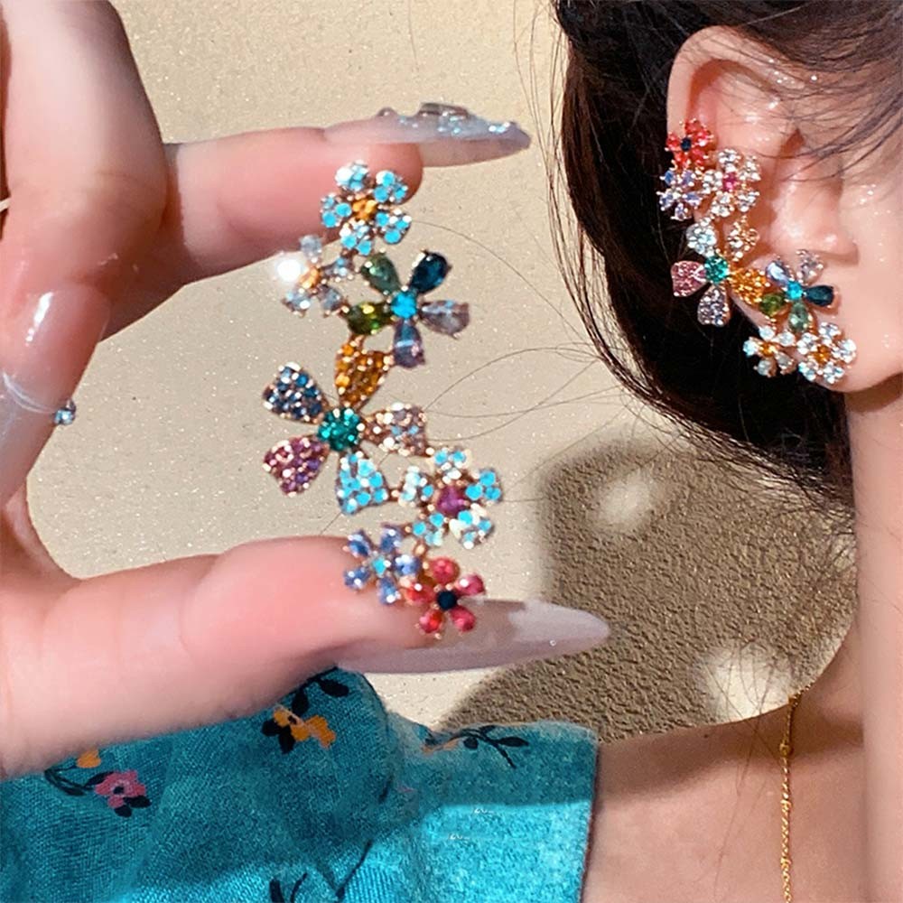Colorful Crystal Flower Ear Cuff – Non-Pierced Cartilage Earrings, No Piercing Silver or Gold Ear Jewelry, Spiritual Gift for Her