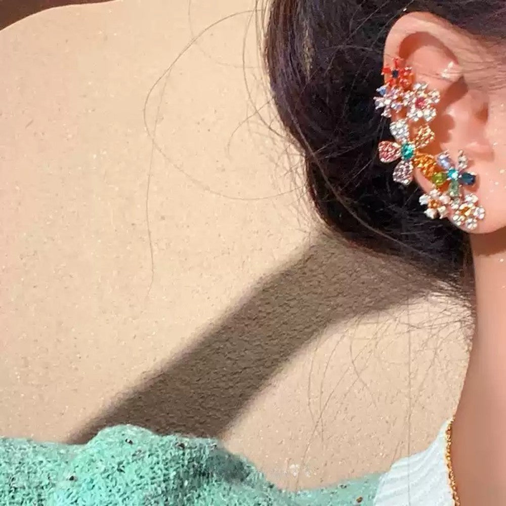 Colorful Crystal Flower Ear Cuff – Non-Pierced Cartilage Earrings, No Piercing Silver or Gold Ear Jewelry, Spiritual Gift for Her