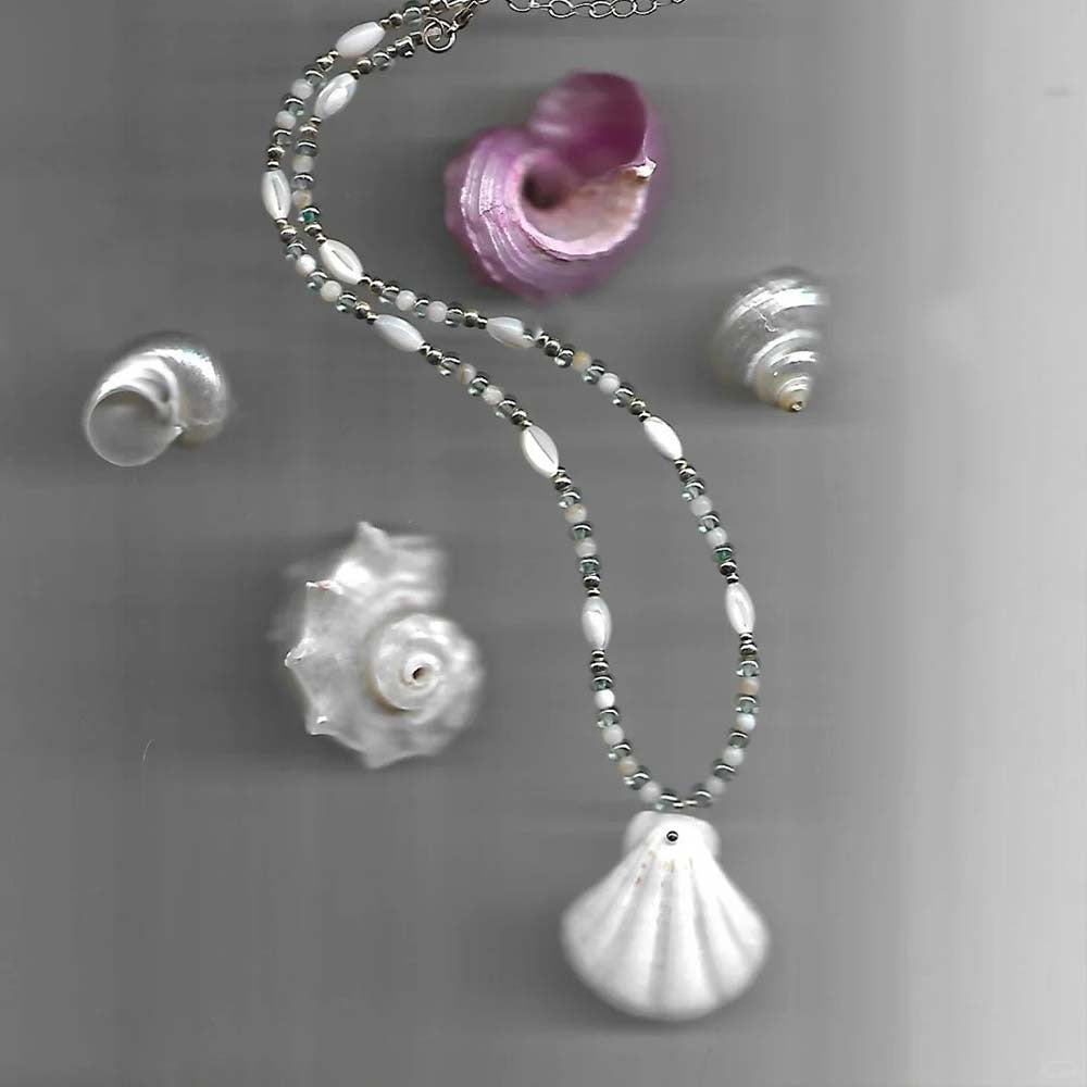 Sterling Silver Seashell Necklace – Natural Shell and Stone Pendant, Minimalist Summer Beach Jewelry, Gift for Women and Girls