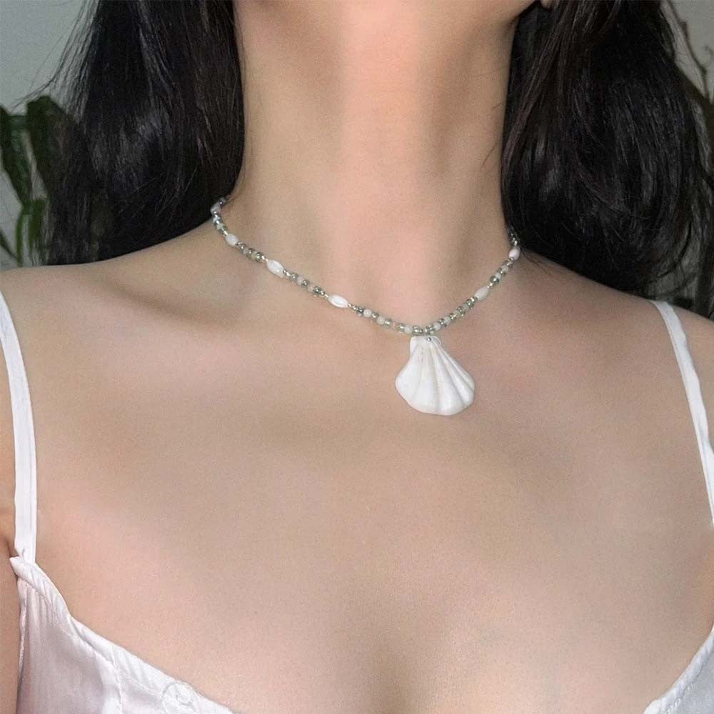 Sterling Silver Seashell Necklace – Natural Shell and Stone Pendant, Minimalist Summer Beach Jewelry, Gift for Women and Girls