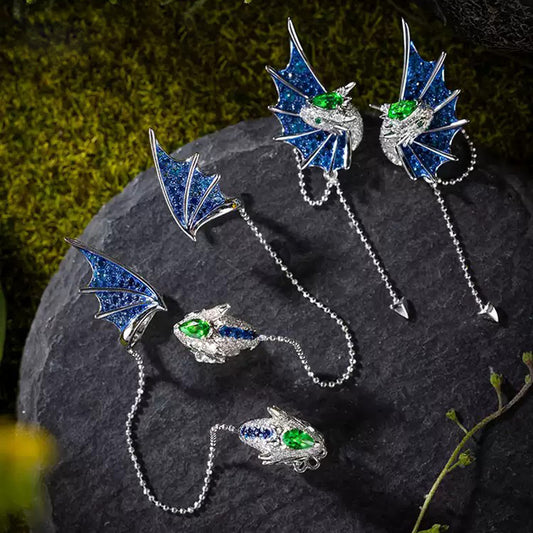 Fantasy Dragon Tassel Earring – 18K Gold Plated Silver Dangle Stud or Clip-On Ear Cuff, No Piercing Cartilage Jewelry for Women & Teens