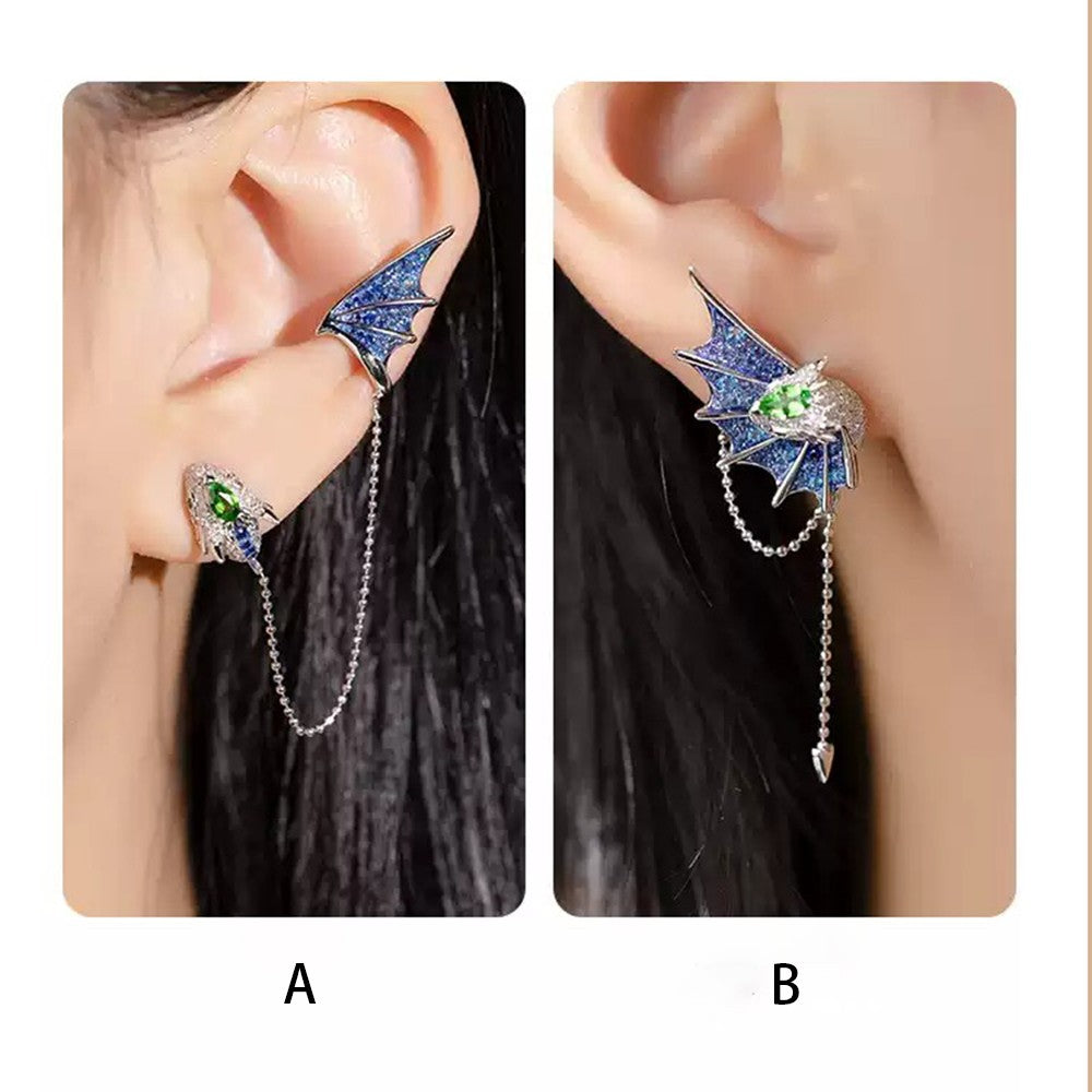 Fantasy Dragon Tassel Earring – 18K Gold Plated Silver Dangle Stud or Clip-On Ear Cuff, No Piercing Cartilage Jewelry for Women & Teens