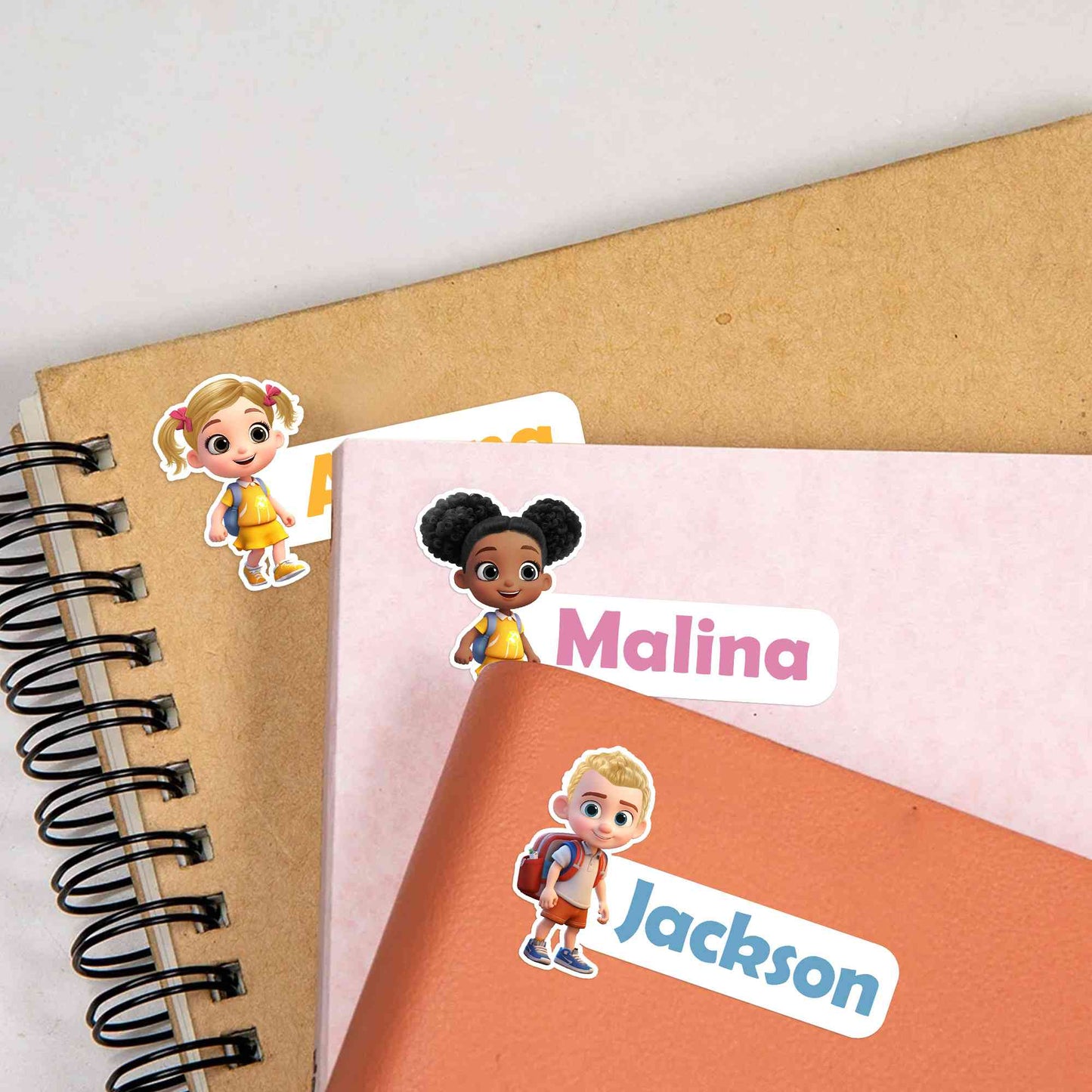 Custom Cartoon Character School Name Labels Set of 12, Cute Stickers for Notebooks, Water Bottles & Backpacks, Back to School/Birthday Gift for Kids